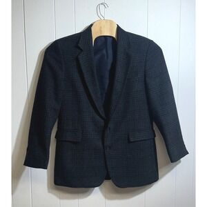 Haggar Mens Plaid Tweed Blazer Sport Coat Charcoal Grey Blue Two Button Jacket